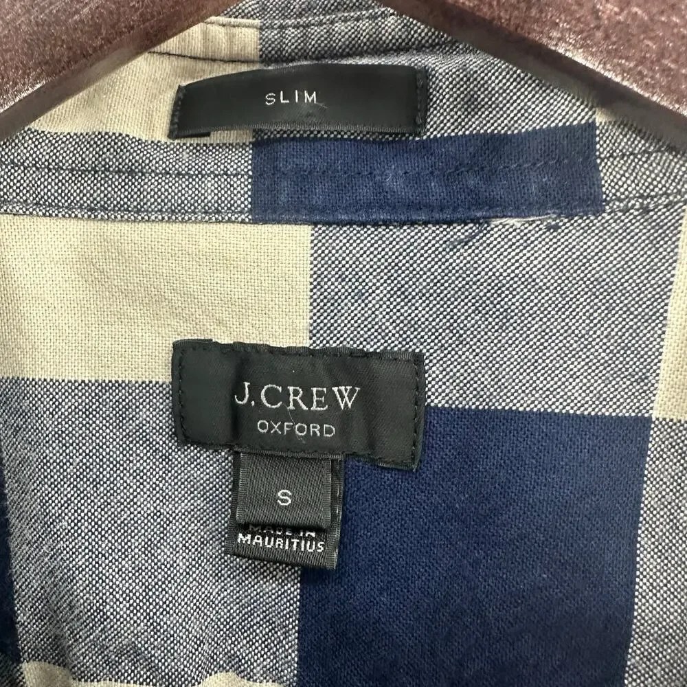 J.Crew Oxford Shirt Mens S Slim Fit Blue Tan Buffalo Plaid Cotton Button Up